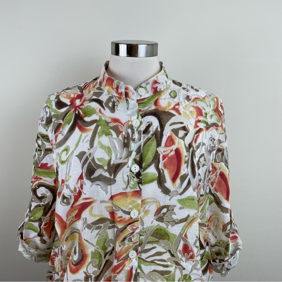 Alfred Dunner Floral White Green Orange Button Front Top Women Size 16W - Picture 3 of 6